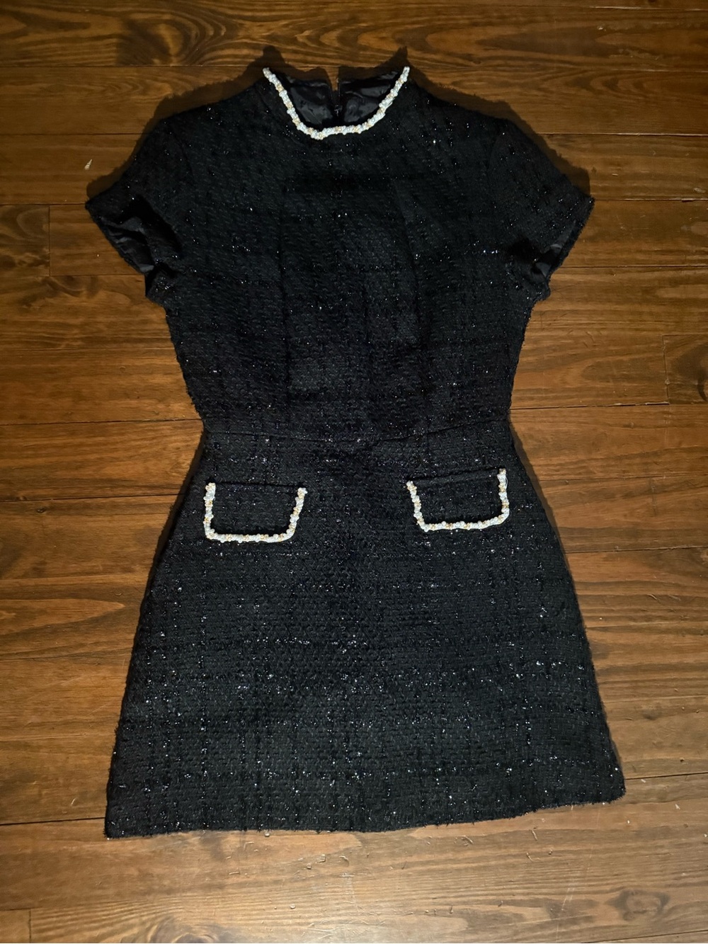 Trendy boutique Black Tweed Mini Dress with Pearl Trim